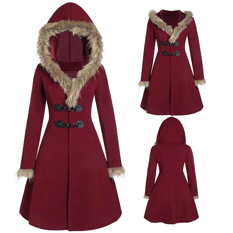 

Autumn Spring Women Fur Collar Hooded Jackets Vintage Solid Female Long Wool Coat Windbreaker Outwears Casual Jacket Red Black