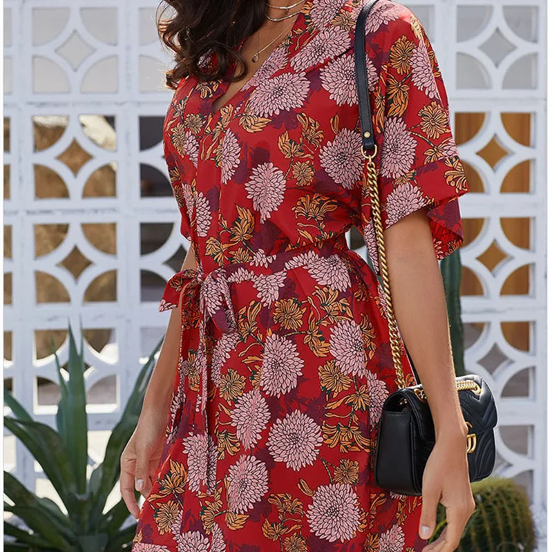 

Summer Fashion Women Print Mini Dress 2020 V-neck Batwing Sleeves Sashes Slim Dress Women