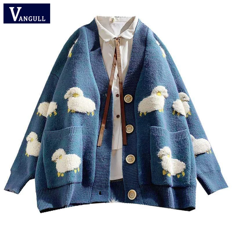 

Vangull Зимний вязаный женский свитер с милым мультяшным принтом, женский кардиган свободного кроя, уличная одежда с v-образным вырезом, свитер ...