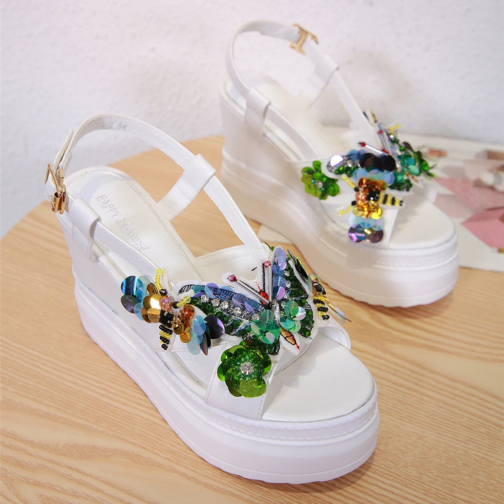 Женские босоножки на танкетке 11 см туфли-лодочки платформе 5 с бабочками и