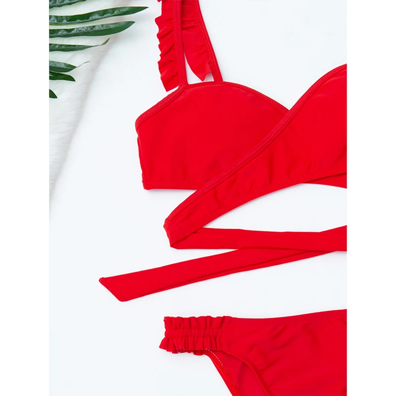 

Rivertrip Strap Ruffle Bikinis Push Up Women's Swimwear Cross Bandage Swimsuits High Leg Bathing Suits 2021 Soldi Red Beachwear