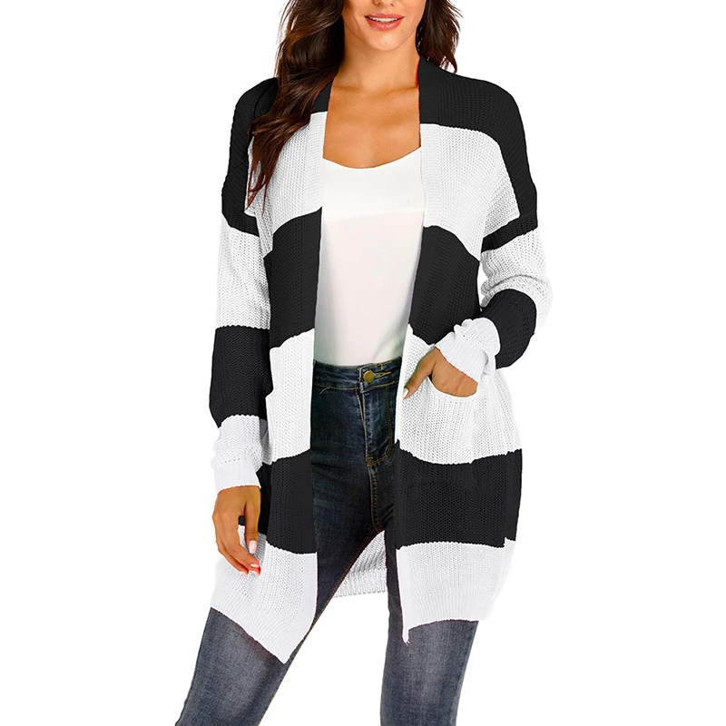 Knit Cardigan Vintage Women's Long Striped Sweater Casual Loose Black and White XL M-3XL |