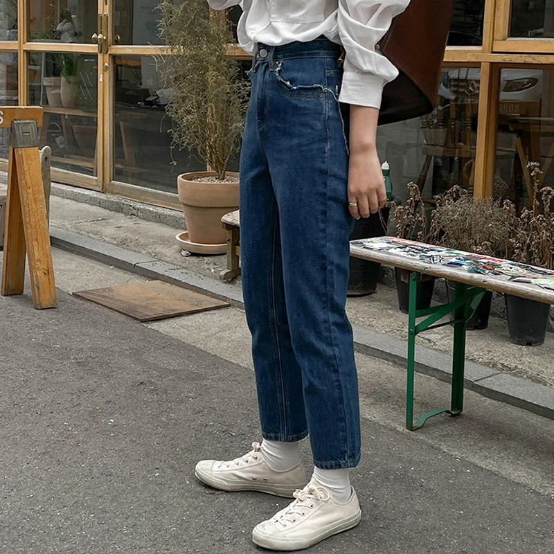 

Spring and autumn women's casual solid color high-rise straight-leg jeans
