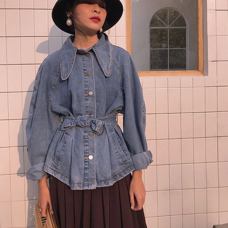 

HWLZLTZHT Autumn Women's Denim Jacket Belt Coat Female Slim Women's Jeans Jacket Korean Style Fashion Women's Clothing