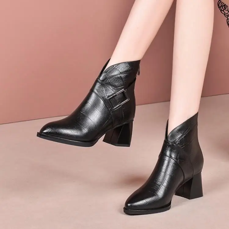 Кожаные ботинки и женские на Высоком толстом каблуке сезон осень-зима обувь с