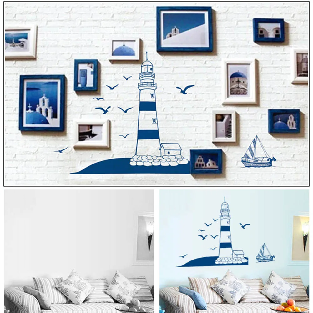 Navy Blue PVC Modern stylish Tower Sailboat Gull Pattern Removable Wall Sticker Decal Background Home Decor | Дом и сад