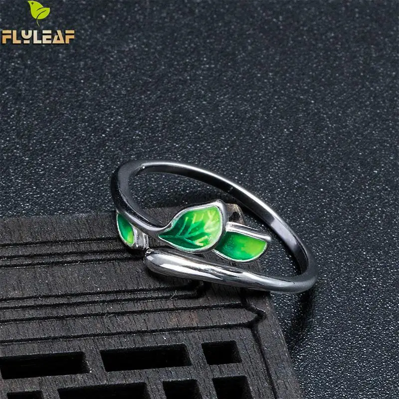 

Flyleaf 100% 925 Sterling Silver Enamel Green Leaf Sprout Open Rings For Women Chinese Ethnic Style Handmade Jewelry