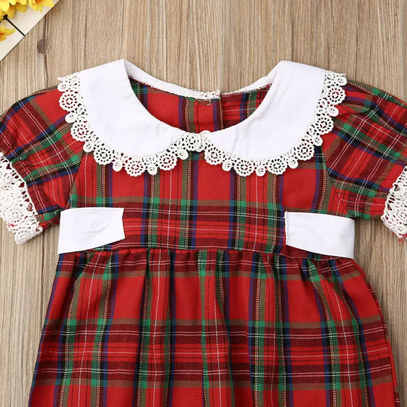 Christmas Kids Baby Girls Clothes Sister Matching Plaid Romper Dress Outfits |