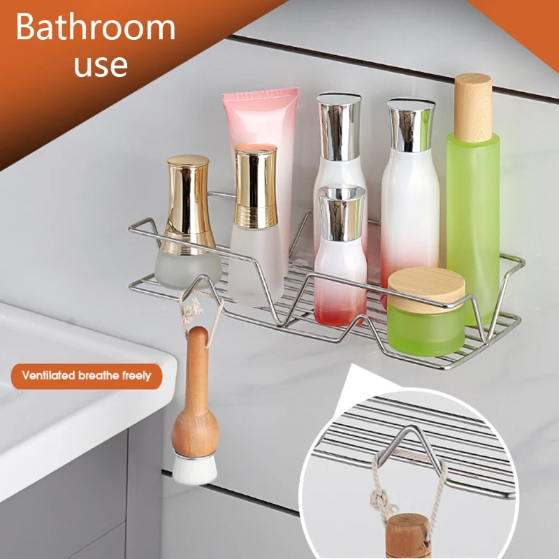 

No Drilling Self-Adhesive Shower Shelf with Hooks Wall Hanging Basket Stainless Steel Organizer