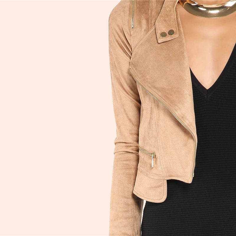 COLROVIE Camel Suede Moto куртка Женская мода осень уличная Женская молния укороченный байкерская куртка однотонная Повседневная Верхняя одежда