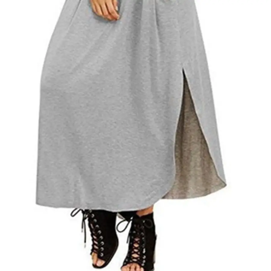 

Female With Short Sleeves Long Skirt Pure Color Loose Irregular Long Skirt Set Head Pocket Style Slit V-Neck Ankle Length Skirt