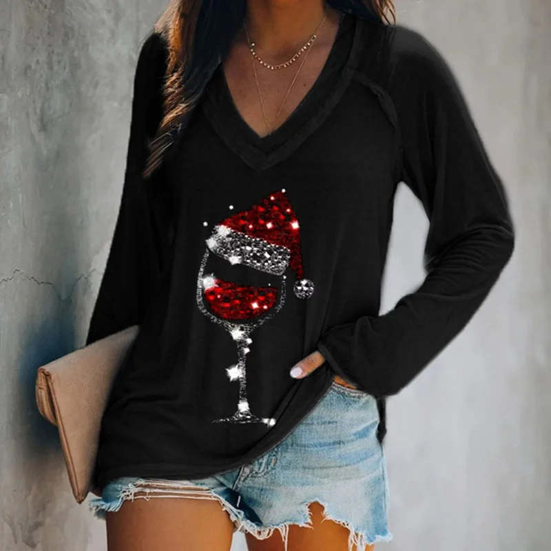 2021 Long Sleeve Christmas Women T shirts Fashion Casual Loose V neck Red Wine Glass Print Pullovers Female Tees | Женская одежда