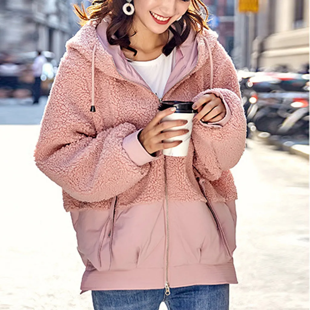 JAYCOSIN Winter Hoodie Coat Fashion Women Outwear Hooded Patchwork Embroidery Casual Long Sleeve Lamb Plush Jacket Overcoat |