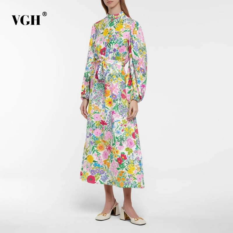 

Женское платье с воротником-стойкой VGH, весеннее платье-миди с высокой талией и длинным рукавом