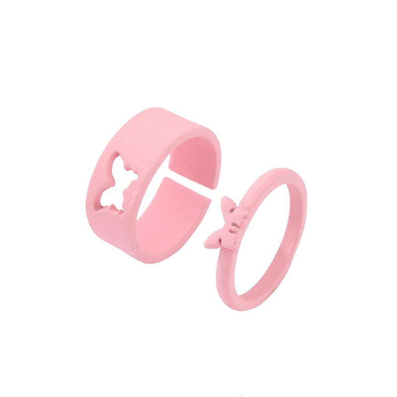 

2Pcs/Set Fashion Pink Color Butterfly Opening Ring For Lovers Couples Women Men Hollow Animal Rings Anniversary Gifts Jewelry