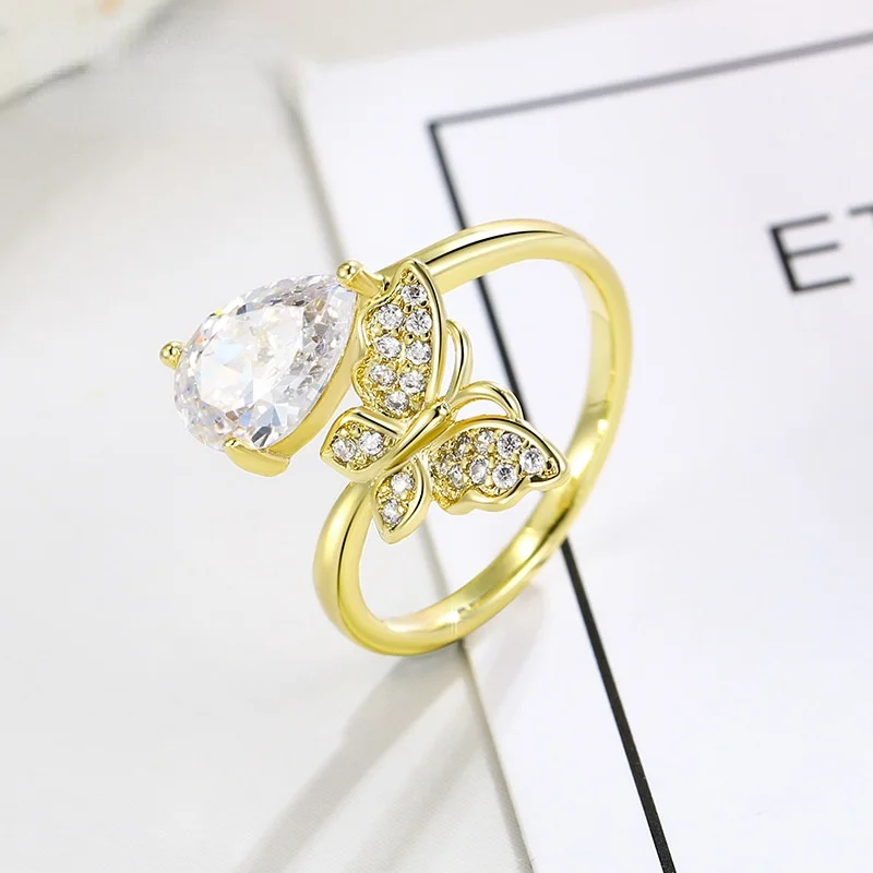 

14K Gold Pure Gold Color Ring Women Pastoral Retro Streamline Ring Golden Zircon Water Drop Butterfly Opening Adjustable Ring
