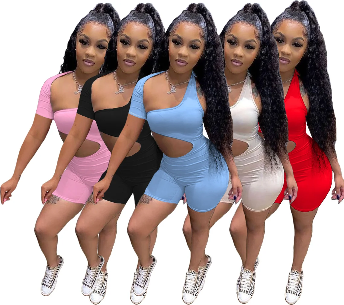 

Asymmetric Sexy Cut out Jumpsuit Shorts Woman Bodycon Rompers Playsuit Short Sleeve Backless Summer Outfit for 2021