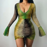 v neck stripe mini dress women flare long sleeve bodycon green drawstring sexy party vestidos women green dresses 2021