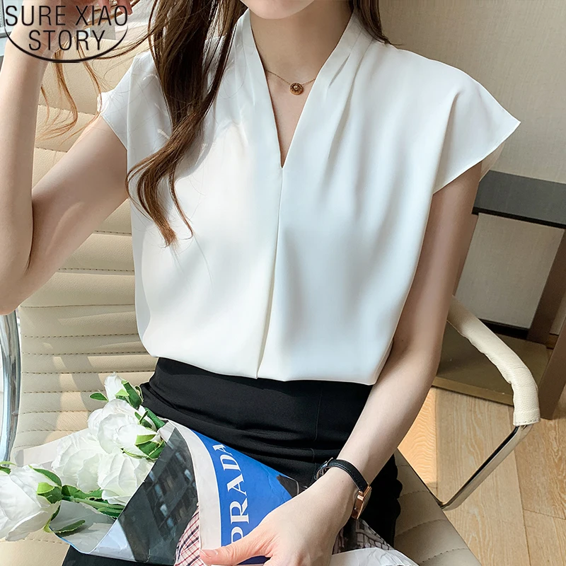 

Fashion Short Flying Sleeve Simple Blouses 2022 Summer New Temperament V-neck Satin Blouse Women Tops Blusas De Mujer 14341