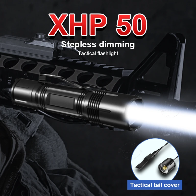 

Portable Profession LED hunting Flashlight XHP50 Zoom Tactical Lantern 18650 Rechargeable Waterproof Anti Seismic Camping Torch