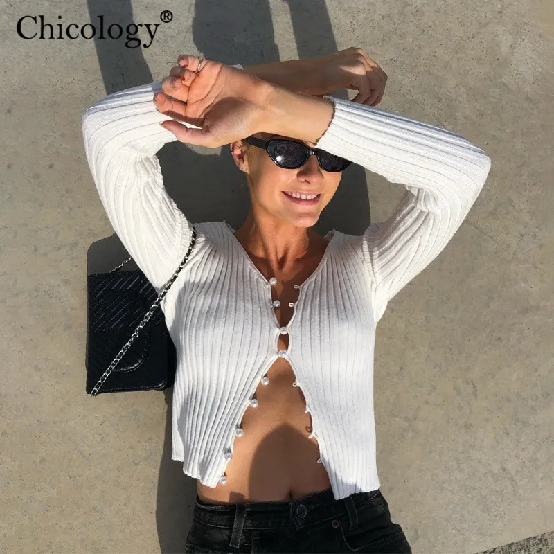 Chicology женское длинным рукавом Лонгслив knitt кардиган футболка в рубчик пуговицах