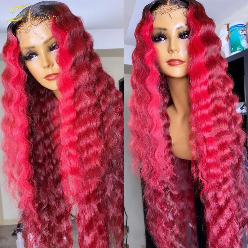 

Парик из человеческих волос с глубокой волной, бордового цвета, 99J, 13X6, на сетке спереди, HD, прозрачные, красные, Омбре, для черных женщин