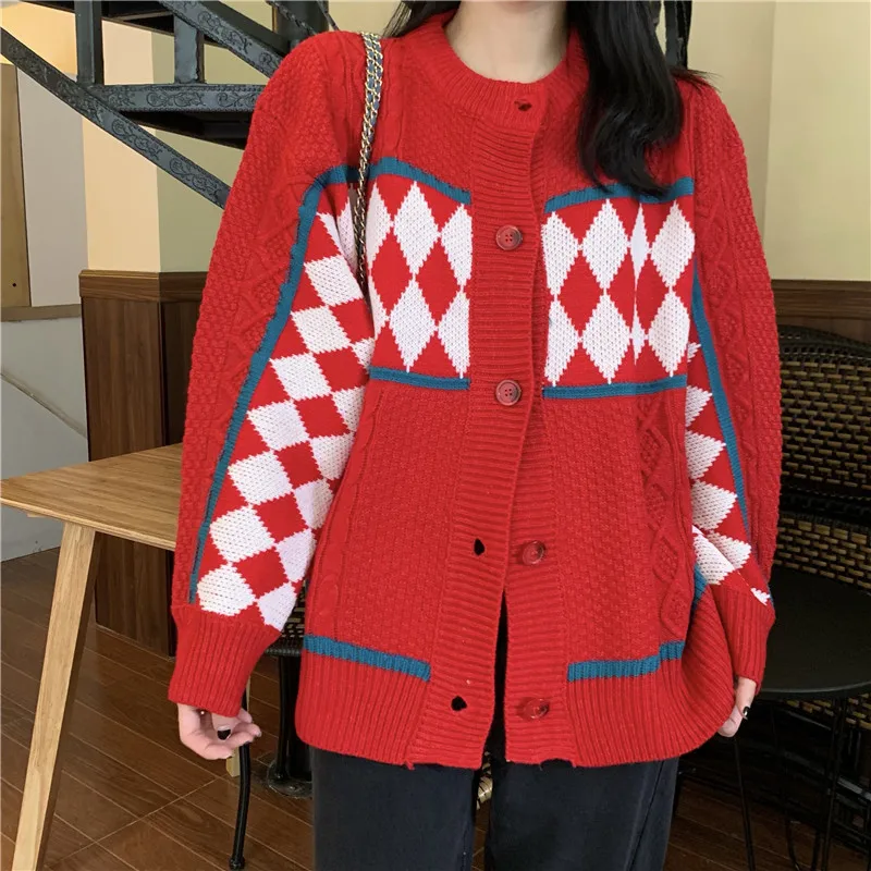 

Loose Contrast Color Argyle O-Neck Straight Knitted Sweater Coats Cardigan Jacket Women Long Sleeved Casual Fashion Outerwear