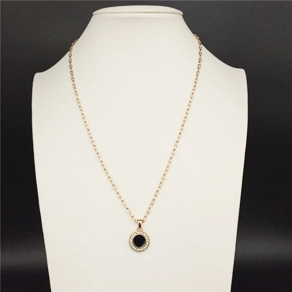Изящный прозрачный камень вокруг черной эмали круглый диск кулон длинное
