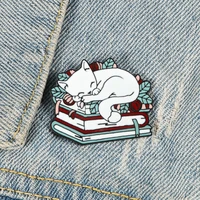 lovely cat brooch sleeping on book kitty cartoon animal enamel pins bag clothes lapel pin creative badge party jewelry kids gift