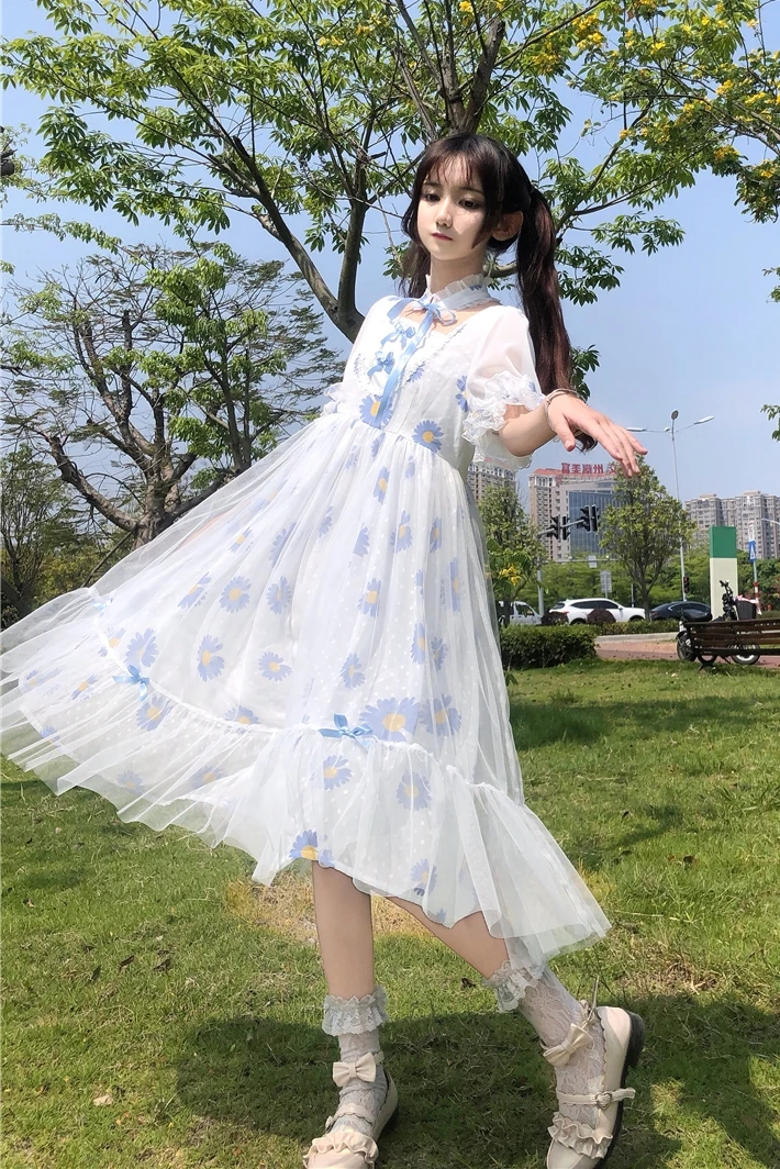 

Lolita Daily Sweet Little Daisy Floral Long Sleeved Dress Children Summer fairy kei victorian dress princess lolita dress