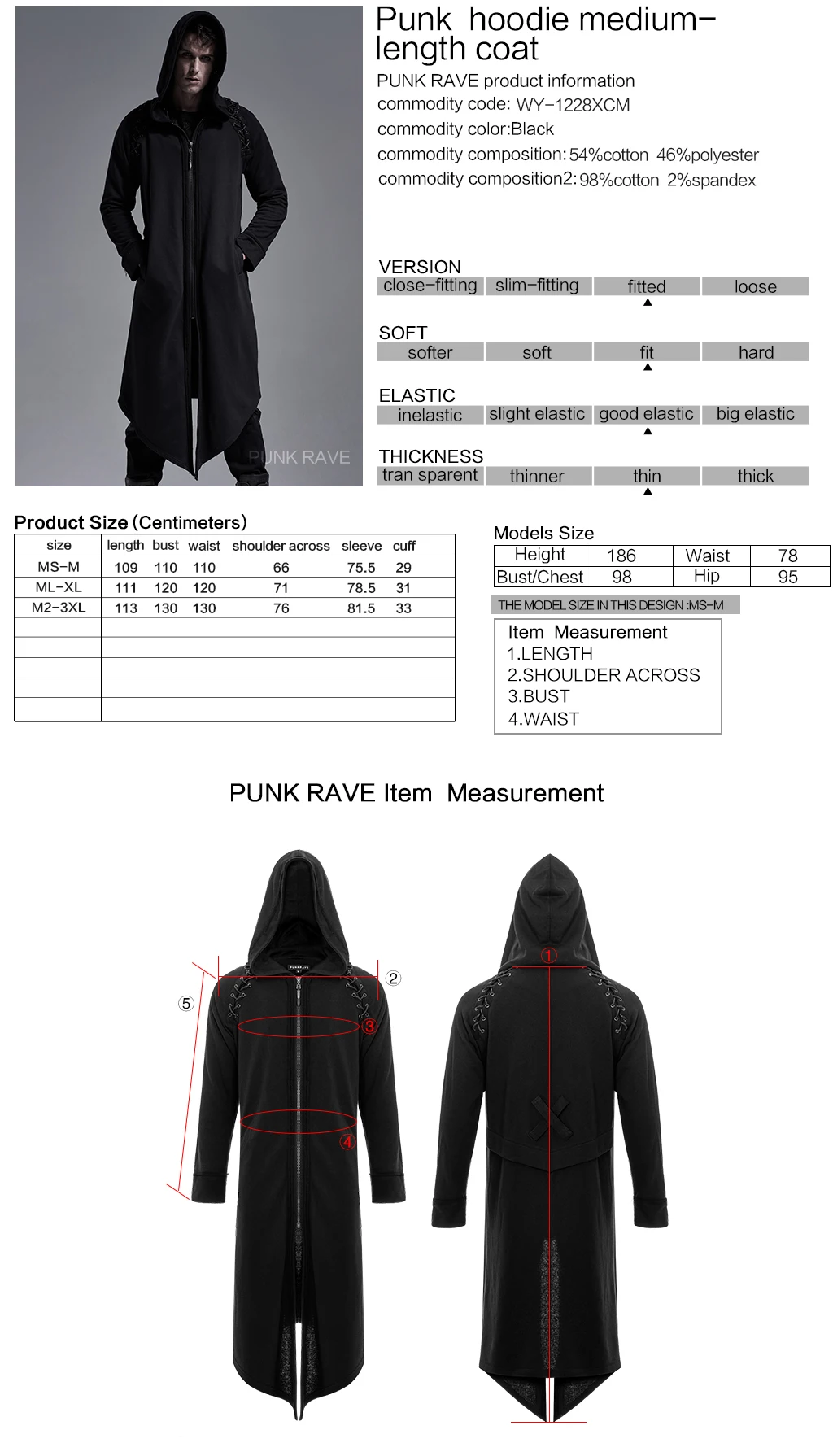 

PUNKRAVE Men's Punk Style Hoodies Coat Street Simple Handsome Casual Midium-length Jacket