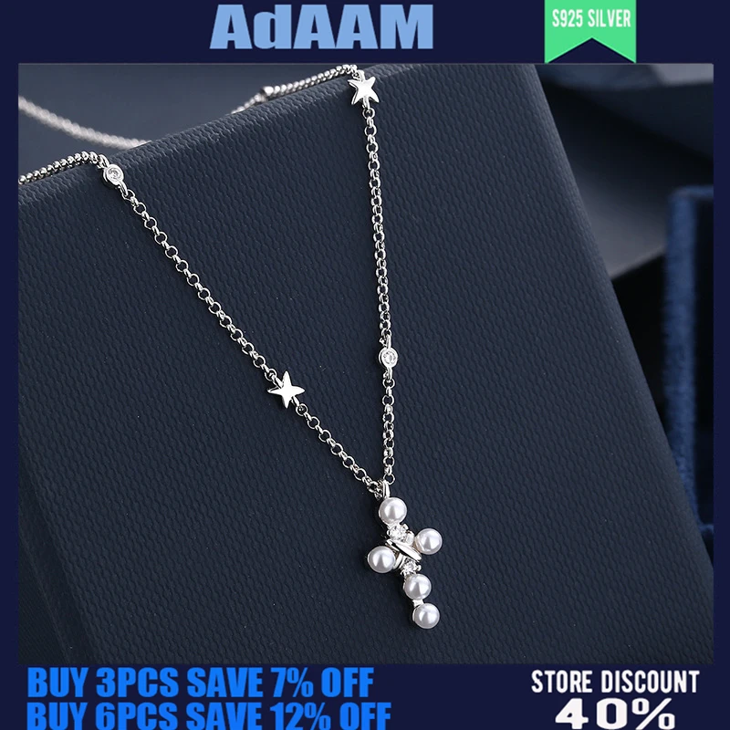 

S925 Sterling Silver New Star Moon Cross Pearl Necklace Female Simple Popular Luxury Clavicle Chain Generous All-match Jewelry