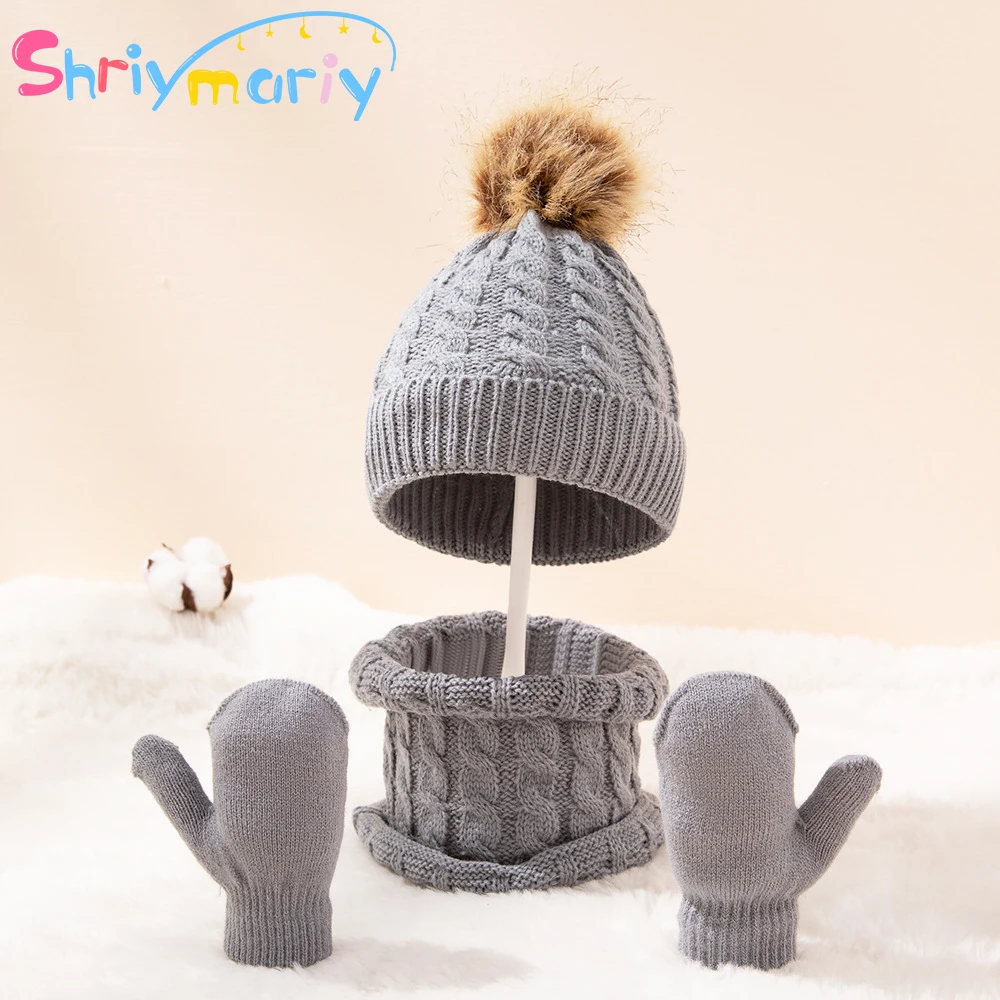 

Winter Baby Knitted Hat Set Boys Girls Cap Mittens and Circle Scarf Neck Pompom Knit Gloves Beanie Cap for Kids Toddler Accessor