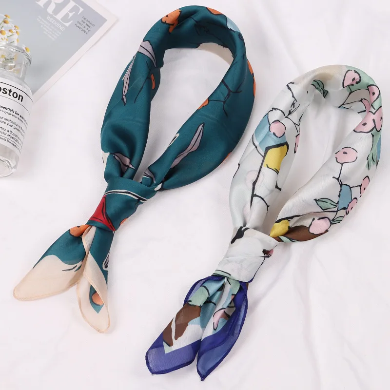 

2021 New Fashion Silk Square Scarf For Women 50cm Hair Tie Band Bag Shawl And Warp Print Soft Neckerchief Hijabs Female Foulard