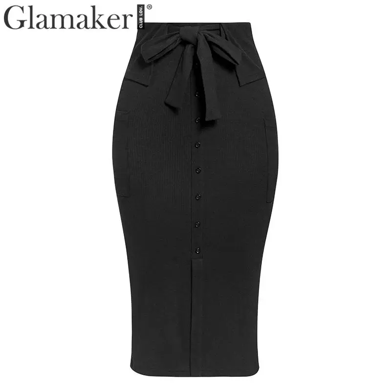 Glamaker, трикотажная, высокая талия, элегантная юбка, для женщин, карман, пуговицы, с разрезом, Узелок, облегающая юбка, для женщин, осень, зима, вечерние, сексуальная юбка