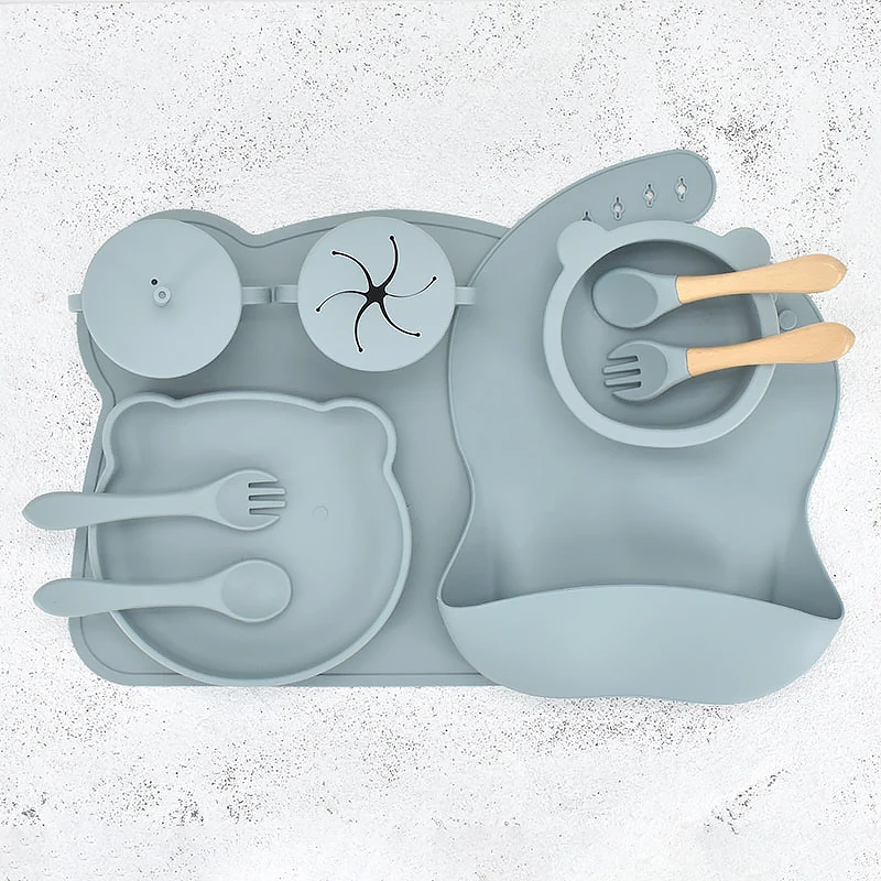 

10PCS Baby Feeding Tableware Set Baby Dining Appliance Waterproof Bibs Plate Bowl with Sucker Training Fork Spoon Straw Cup Mat