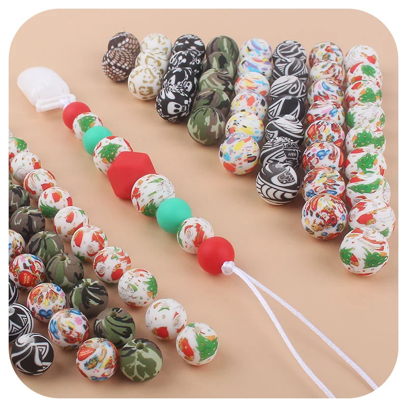 50Pcs Print Christmas Silicone Beads 12mm 15mm BPA Free Soft Chewable Round Beads For Necklace Baby Teething Toys DIY Chain