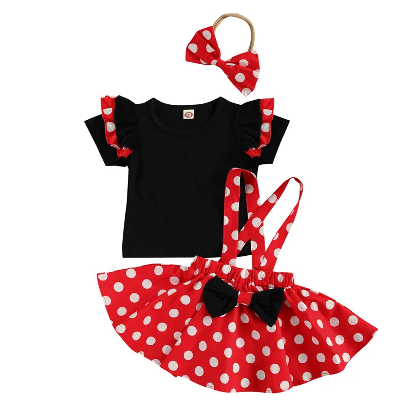 

3pcs Kid Girl\u2019s Skirt Fresh Solid Color Short Sleeve T-shirt Polka Dot Suspender Skirt Headband Children Clothing