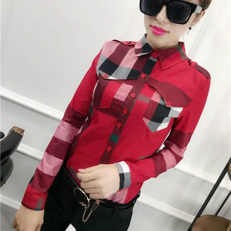 

2020 Spring Women Hollow Out Cotton Tops Lady Office Work Plaid Cotton Blouses Women Long Sleeve Turn Down Collar Plaid Shirts