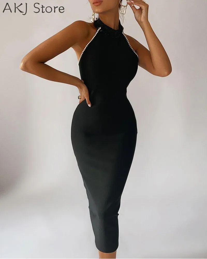 

Lace Pearls Design Backless Bodycon Dress