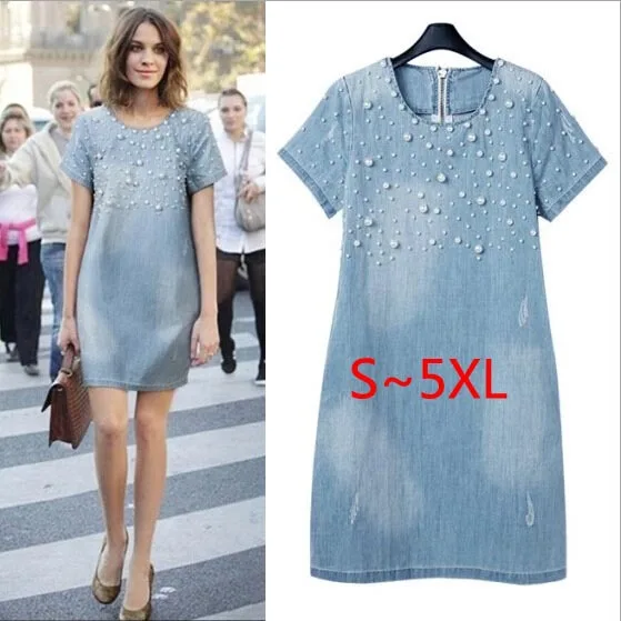 

Large size 5XL Sundress Jeans Women's casual plus size vestidos embroidery beaded Denim Dresses big sizes Party Summer Dress
