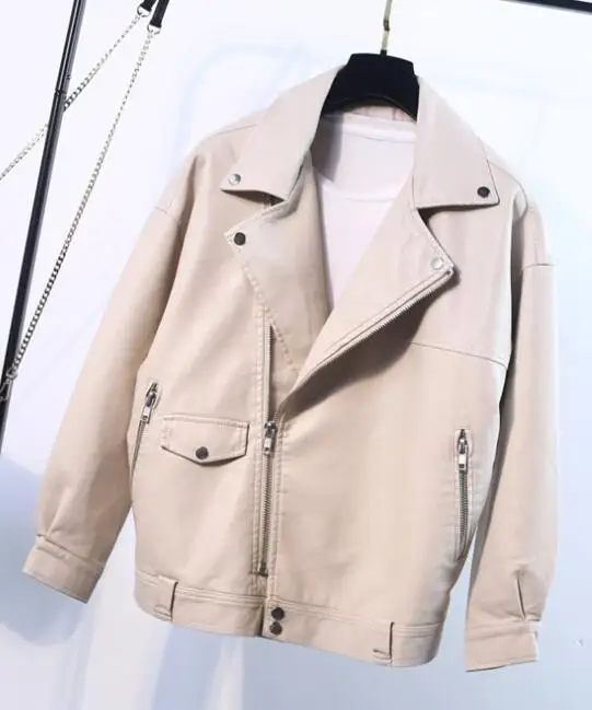 Women Leather Jacket Female Soft Faux Leather Coat Loose Rivet Zipper Overcoat