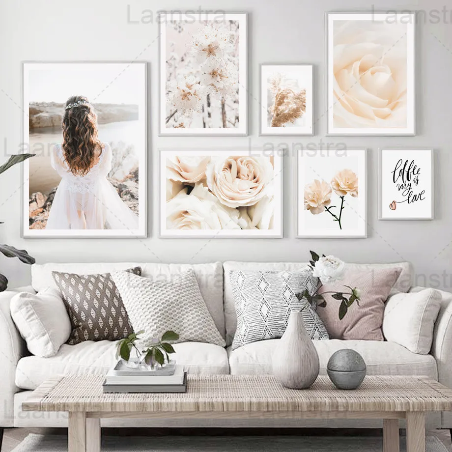 

Flower Branch Canvas Painting Reed Plants Home Decoration Poster Rose Bouquet Girl Back View Living Room Wall Prints Picture
