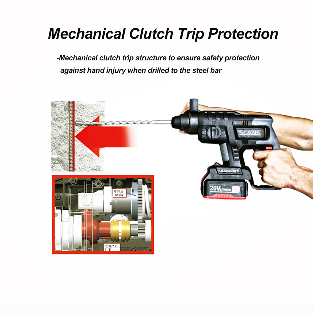 

SCANS 20V Cordless Brushless Rotary Hammer Electric Drill SC5200 SDS with 5Ah Li-ion Rechargeable Battery Long Life Soft Hand