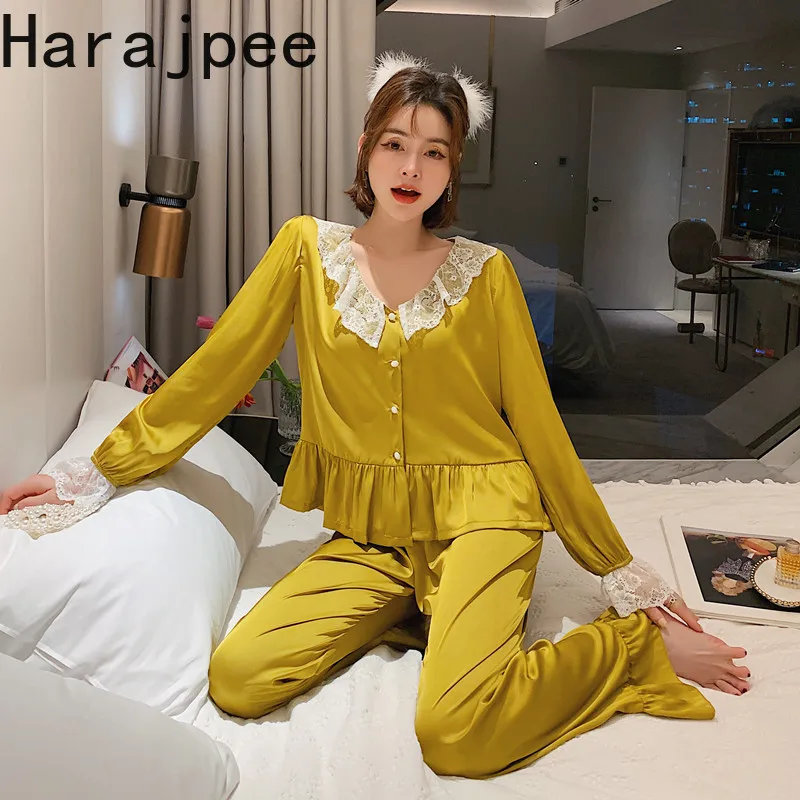 

Harajpee Thin Women's Pajama Long Sleeved Ice Silk Home Clothes Suit O-Neck Leisure Comfortable Suit Fashionable Elegant Pajamas