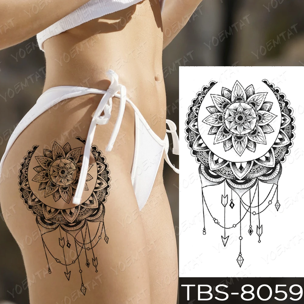 

Black Henna Tattoo Sexy Temporary Tato Sticker Garland Dreamcatcher Crotch Shoulder Waist Sex Woman Girl Glitter Kids Tatu Art