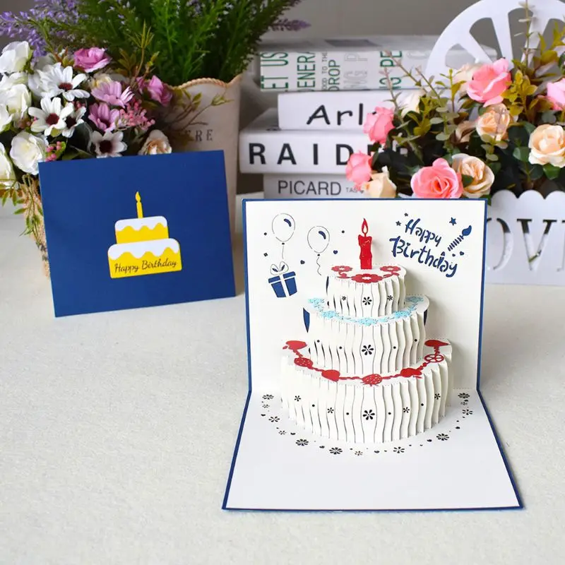 3D Happy Birthday Greeting Cards with Paper Cake Postcards Invitations Envelope Party Anniversary Supply | Дом и сад