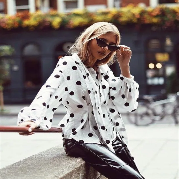 

WEPBEL Women's Casual Lantern Sleeve Patchwork Chiffon Blouses Spring Fashion Polka Dot Bow Lace Up Shirt