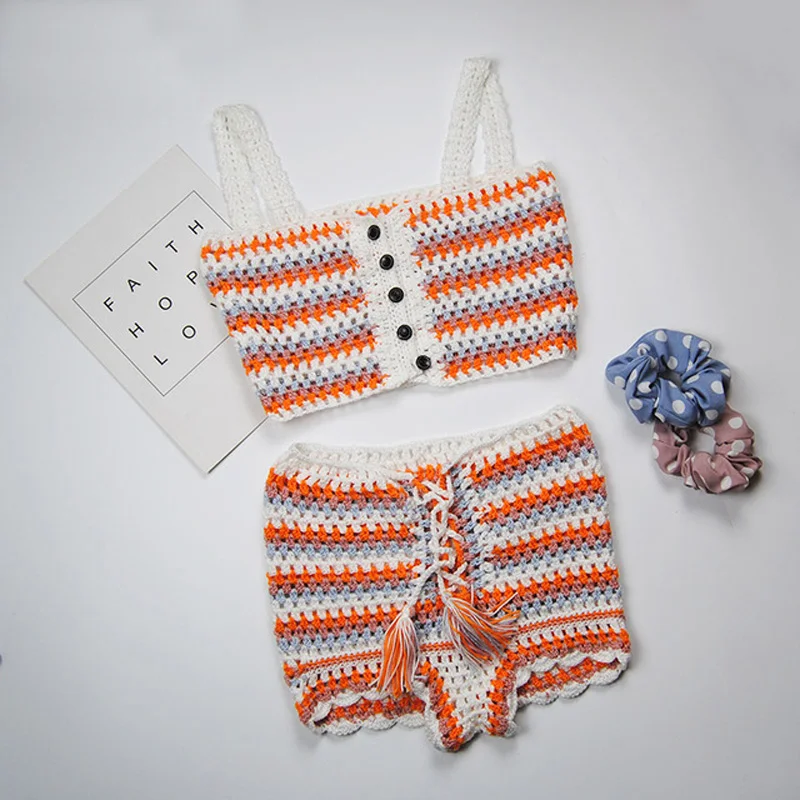 Multi Color Knitted Crochet Crop Top and Shorts Summer Beach Women 2 Piece Set Cool Girls Lace Up Romper Bikini Beachwear 2020