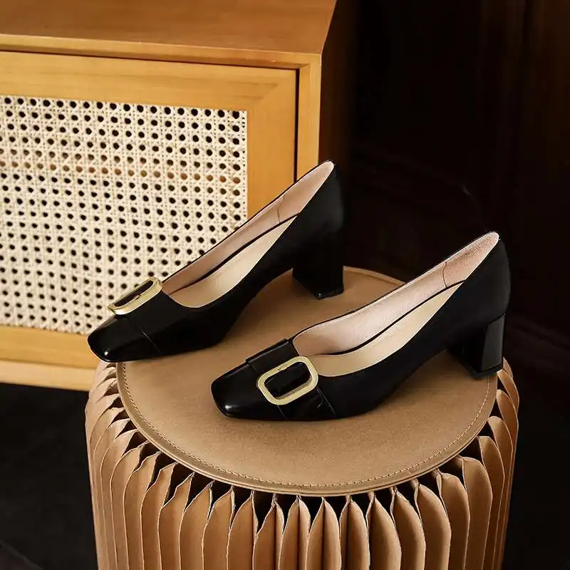 

Lanxuryee mixed colors natural leather square toe high heels office lady daily wear buckle decoration fashion women pumps L13